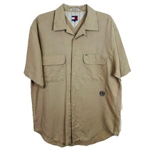Tommy Hilfiger Mens Shirt L Short‎ Sleeve Button Down Beige Solid Logo